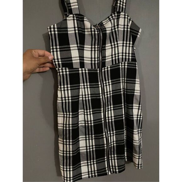 Forever 21 Black White Checkered Full Zip Adjustable Straps Fall Dress S - Picture 3 of 7